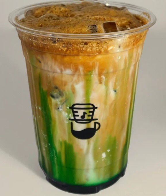 Pandan Coconut Coffee Latte with green pandan, coconut milk and coffee layers