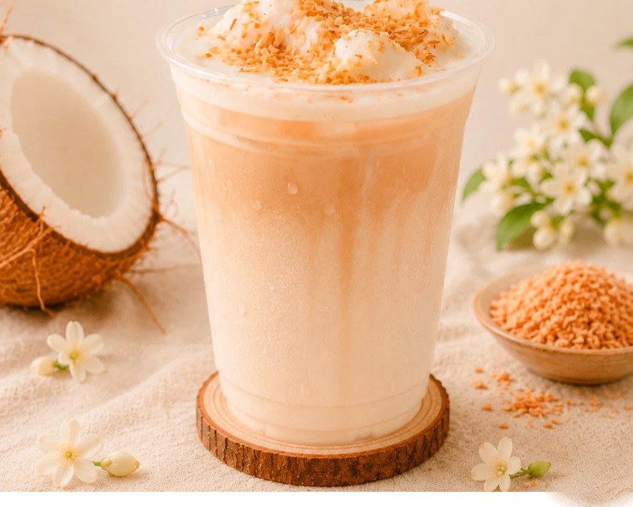 Jasmine Coconut ice blended topped with toasted coconut, beside a fresh coconut and jasmine flowers
