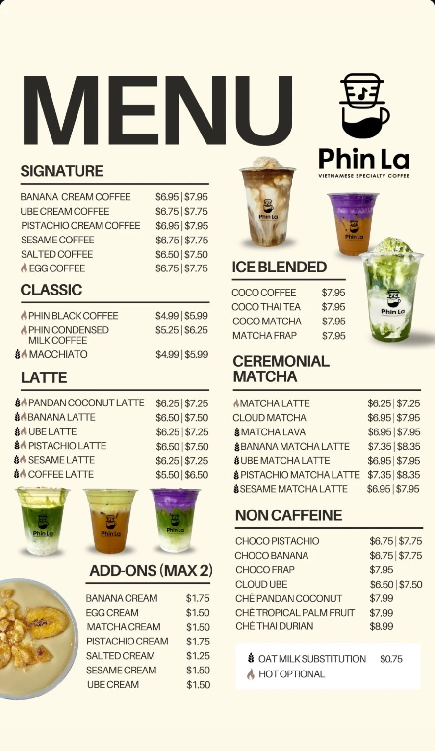 Phin La menu board with all drinks, prices and add-ons